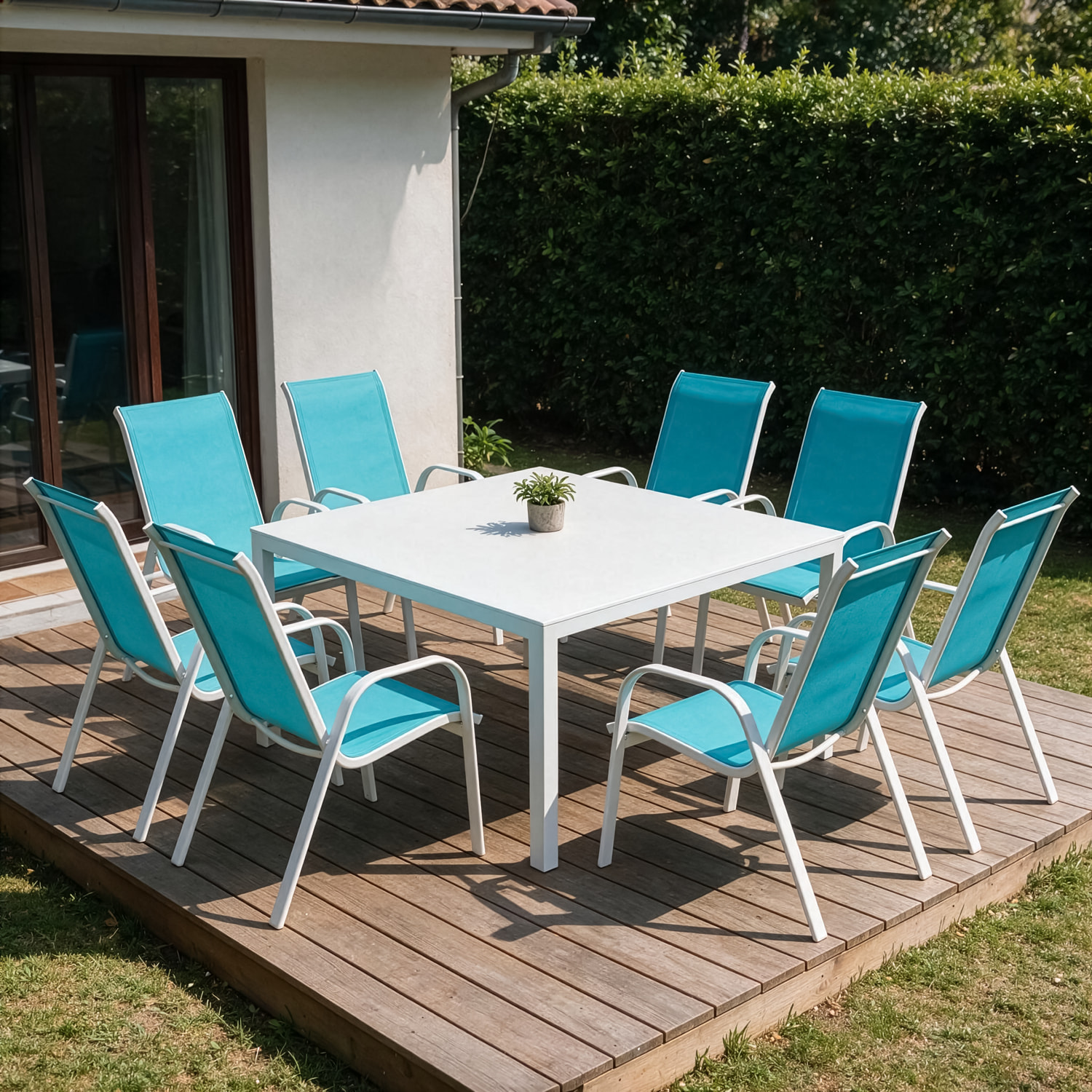 Lot de 8 chaises MARBELLA en textilène bleu - aluminium blanc