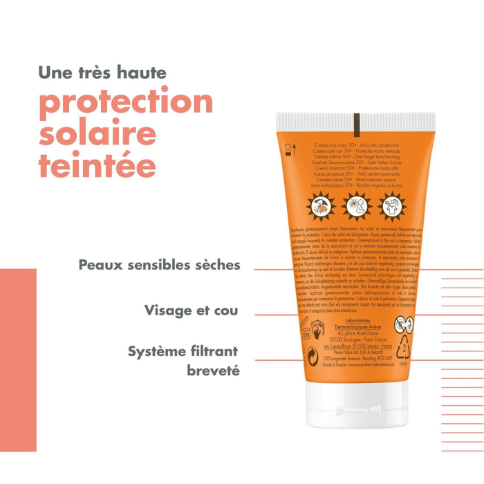 Crème Teintée SPF 50+ - Protection Solaire Teintée Unifiant Peaux Sensibles Sèches 50 ml