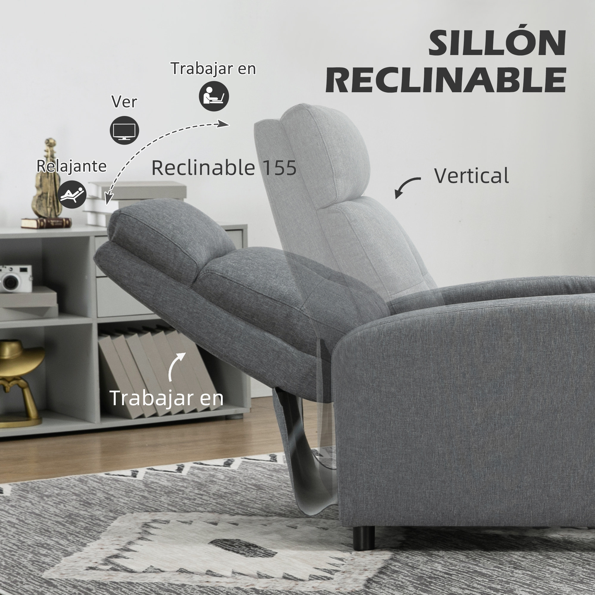 Sillón Relax Reclinable hasta 155° Sofá Reclinable Manual Tapizado en Tela Carga 150 kg para Personas de Menos de 195 cm de Altura Gris