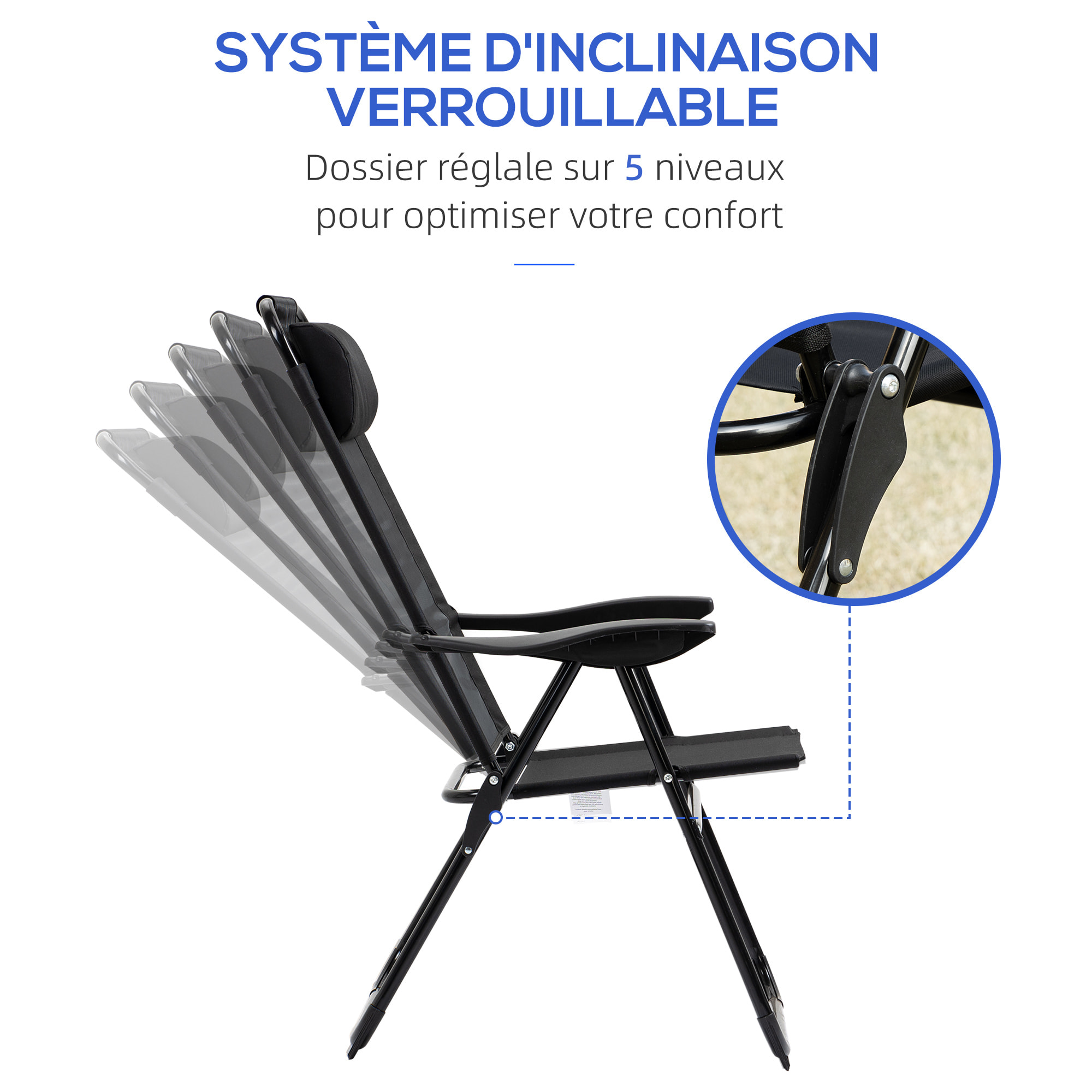 Lot de 2 chaises de jardin camping pliables - dossier inclinable 5 positions - tétière incluse - acier époxy oxford textilène noir