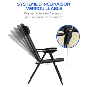 Lot de 2 chaises de jardin camping pliables - dossier inclinable 5 positions - tétière incluse - acier époxy oxford textilène noir