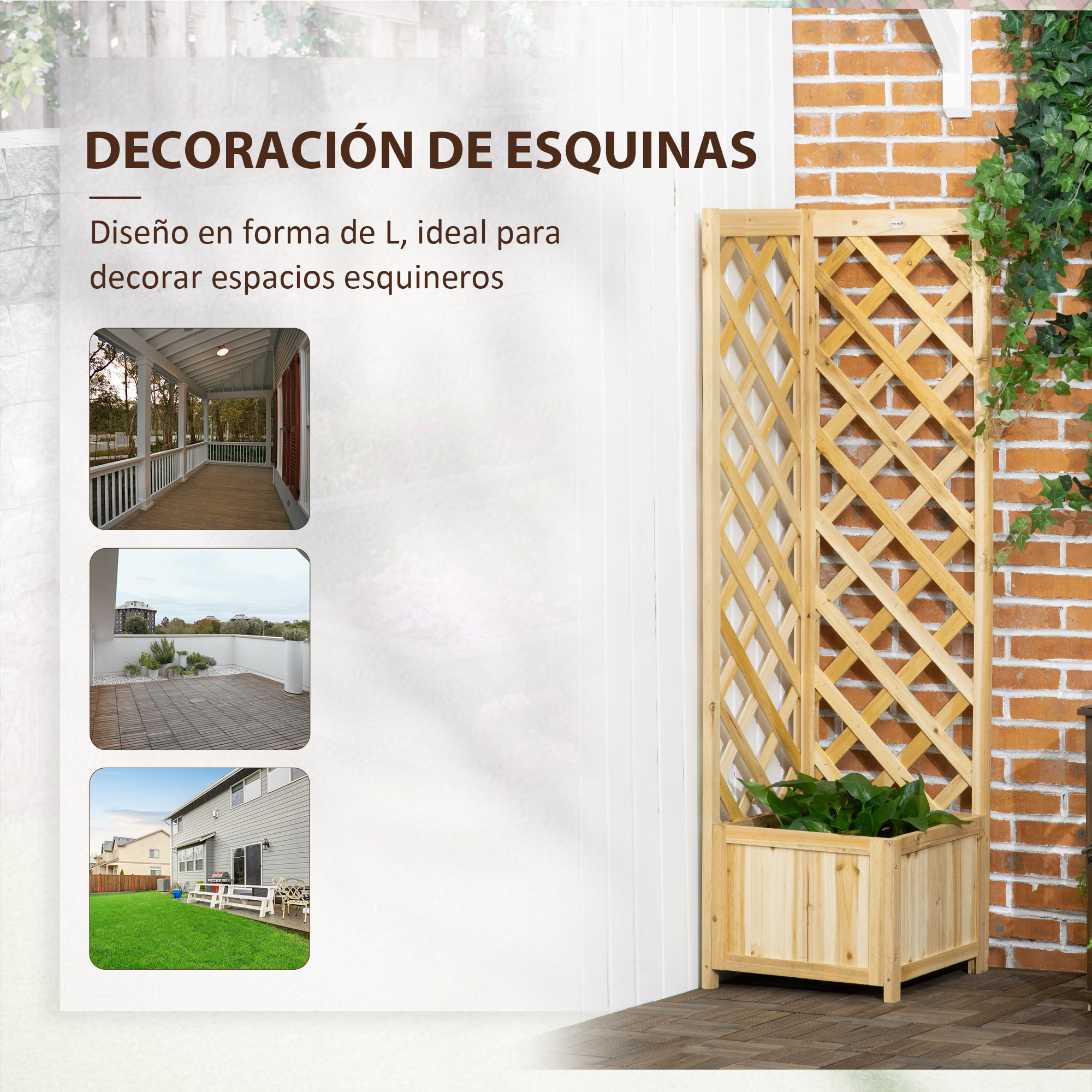 Jardinera con Enrejado de Madera Macetero Exterior para Esquina Jardinera Elevada para Plantas Trepadoras en Patio Terraza 40x40x145 cm Natural