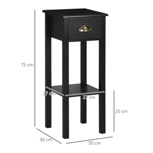 Mesa Auxiliar Estilo Moderno Mesita Auxiliar con Cajón y Estante de Almacenamiento Mesita de Noche para Sala de Estar Dormitorio 30x30x75 cm Negro