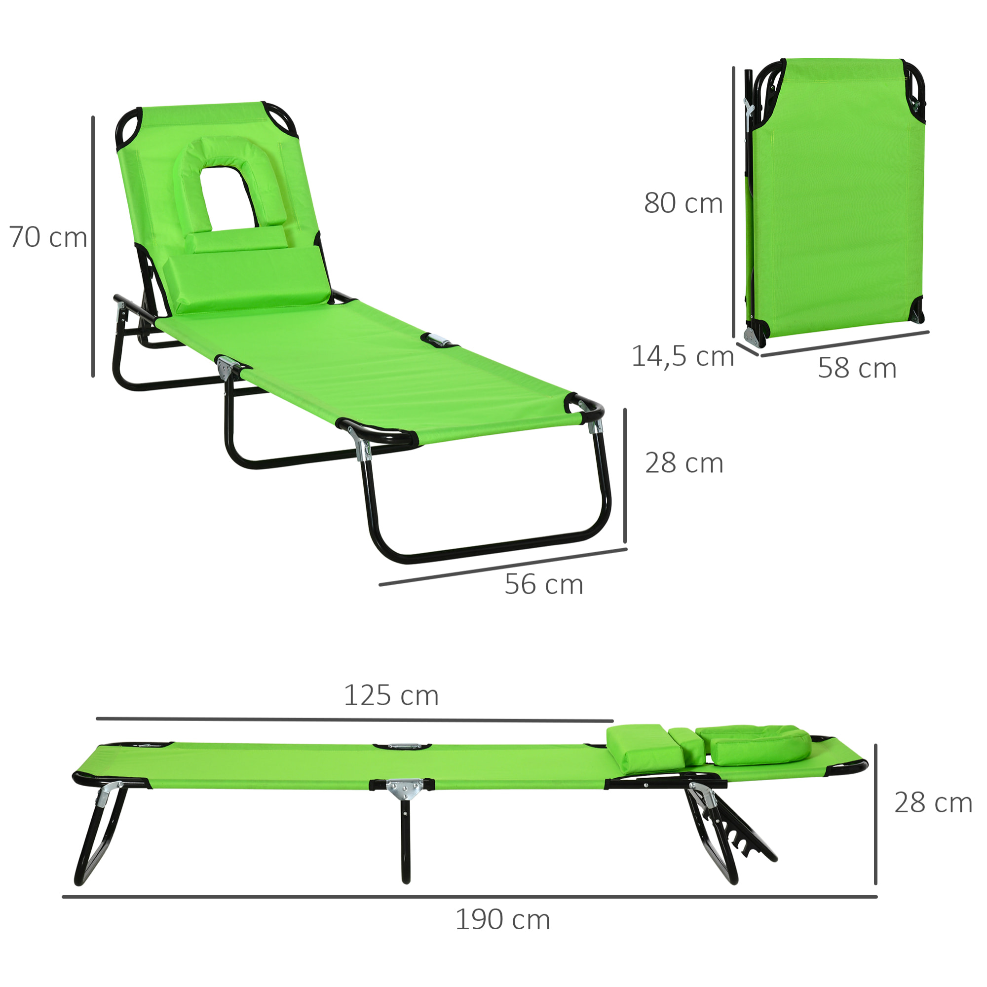 Outsunny Tumbona Plegable con Respaldo Regulable en 4 Posiciones Tumbona de Jardín con Orificio de Lectura Almohada Marco Metálico y Tela Oxford para Playa Terraza Carga 120 kg 190x56x28 cm Verde