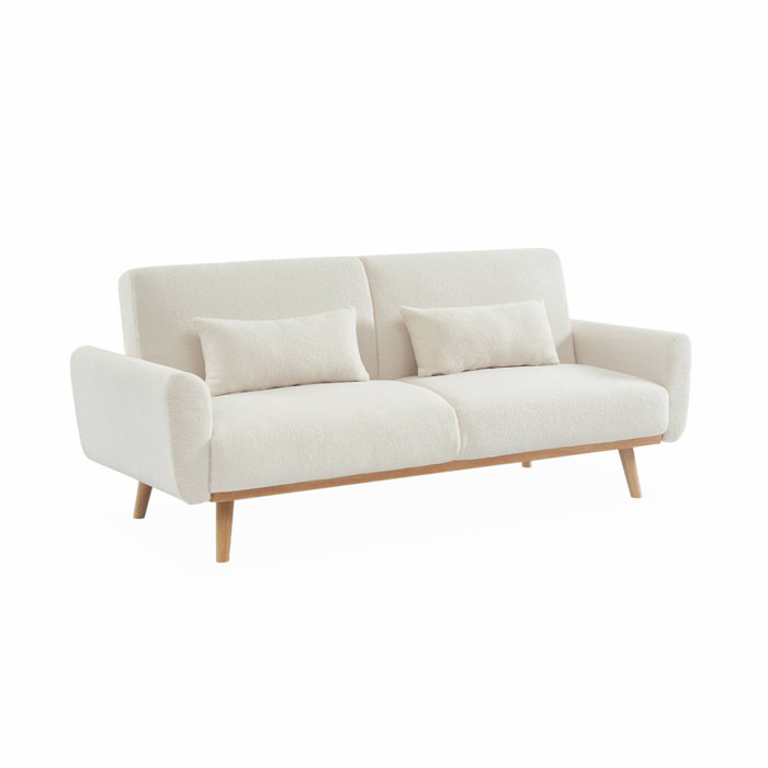 Canapé convertible à bouclettes blanches- Oskar - 2 - 3 places scandinave droit avec pieds bois