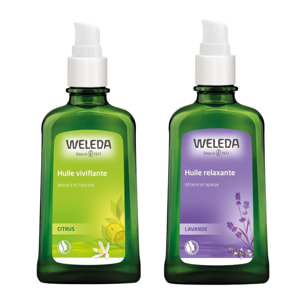 WELEDA - DUO rituel corps - Huile vivifiante au citrus + Huile relaxante à la lavande - Vegan*- Certifié Natrue**- Flacon pompe en verre 2*100ml