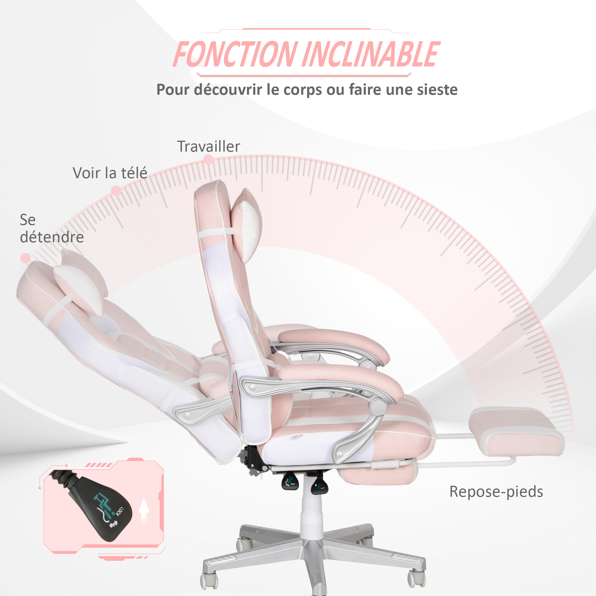 Chaise gaming inclinable réglable repose-pieds rétractable blanc rose pâle