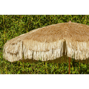 HAWAI - Parasol clair à franges en acier finition bois naturel