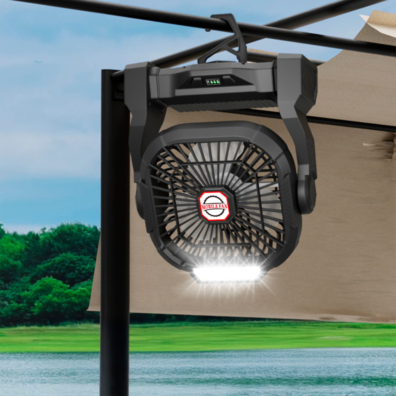 Ventilatore P18 con motore senza spazzole, LED con 4 luci, 4 velocità, 3 livelli di luce. Angolo regolabile di 90º, gancio per appendere e powerbank da 5200 mAh.