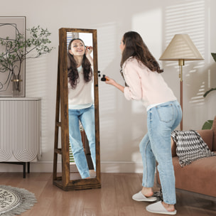 Espejo Joyero de Pie, Armario para Joyas Giratorio 360°, Armario Joyero con Cerradura, Llaves, Estantes Posteriores y Espejo Pequeño Incorporado, para Dormitorio y Vestidor, Marrón Rústico