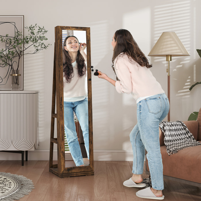 Espejo Joyero de Pie, Armario para Joyas Giratorio 360°, Armario Joyero con Cerradura, Llaves, Estantes Posteriores y Espejo Pequeño Incorporado, para Dormitorio y Vestidor, Marrón Rústico