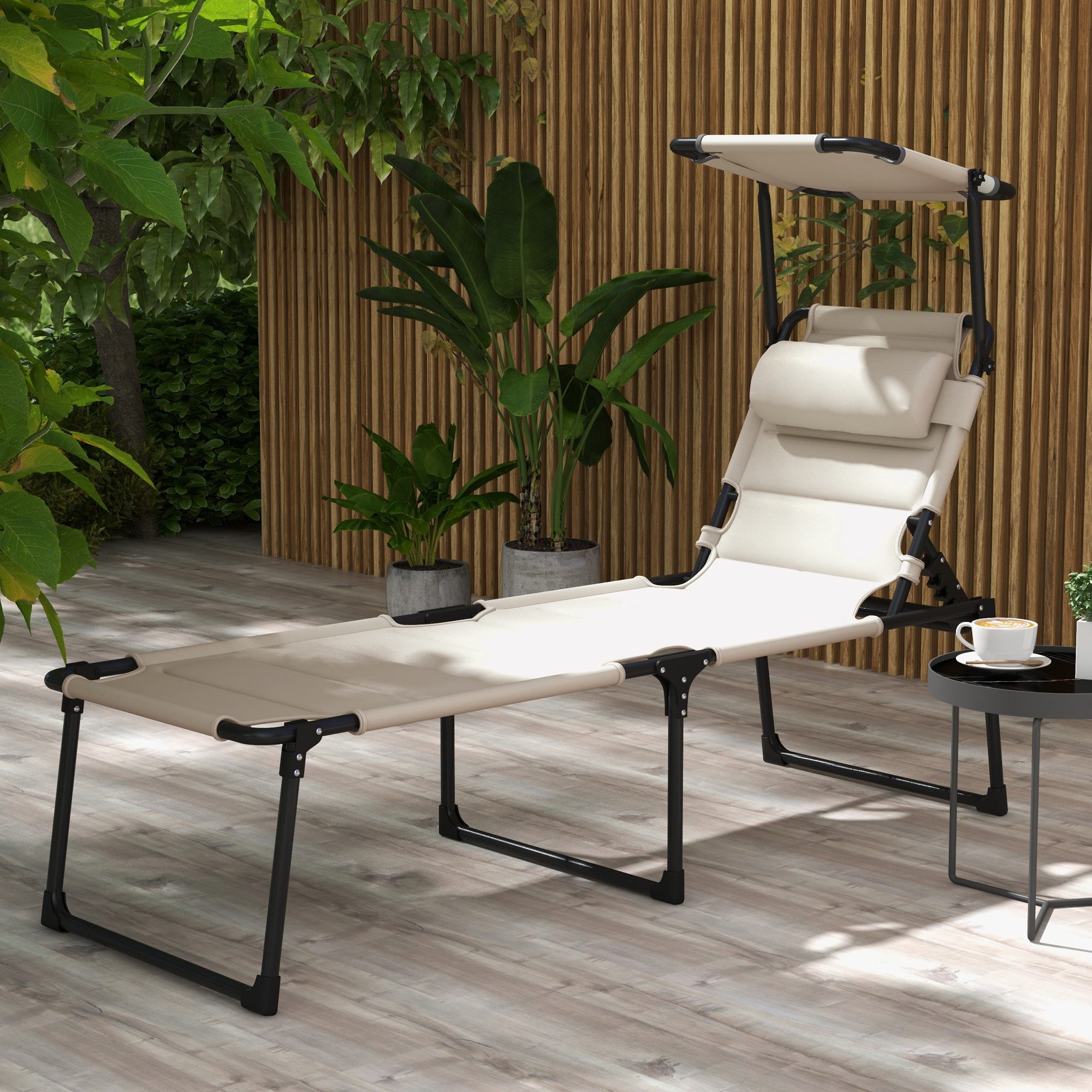 Tumbona Plegable Tumbona de Jardín con Toldo Ajustable Respaldo Regulable en 4 Niveles y Reposacabezas para Terraza Piscina 70x200x45 cm Crema