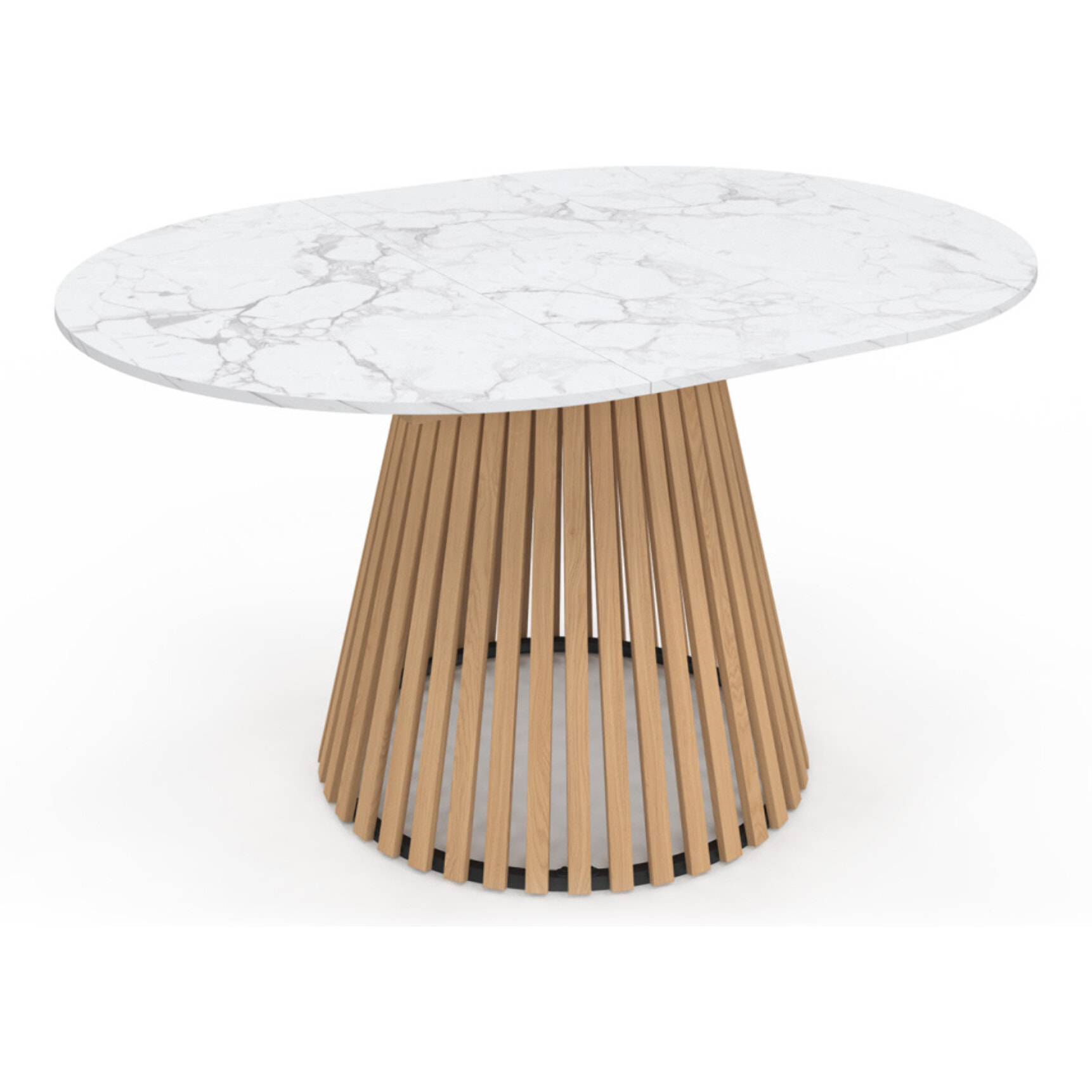 Table à manger ronde extensible Camélia effet marbre blanc et pied lattes Ø110-150cm