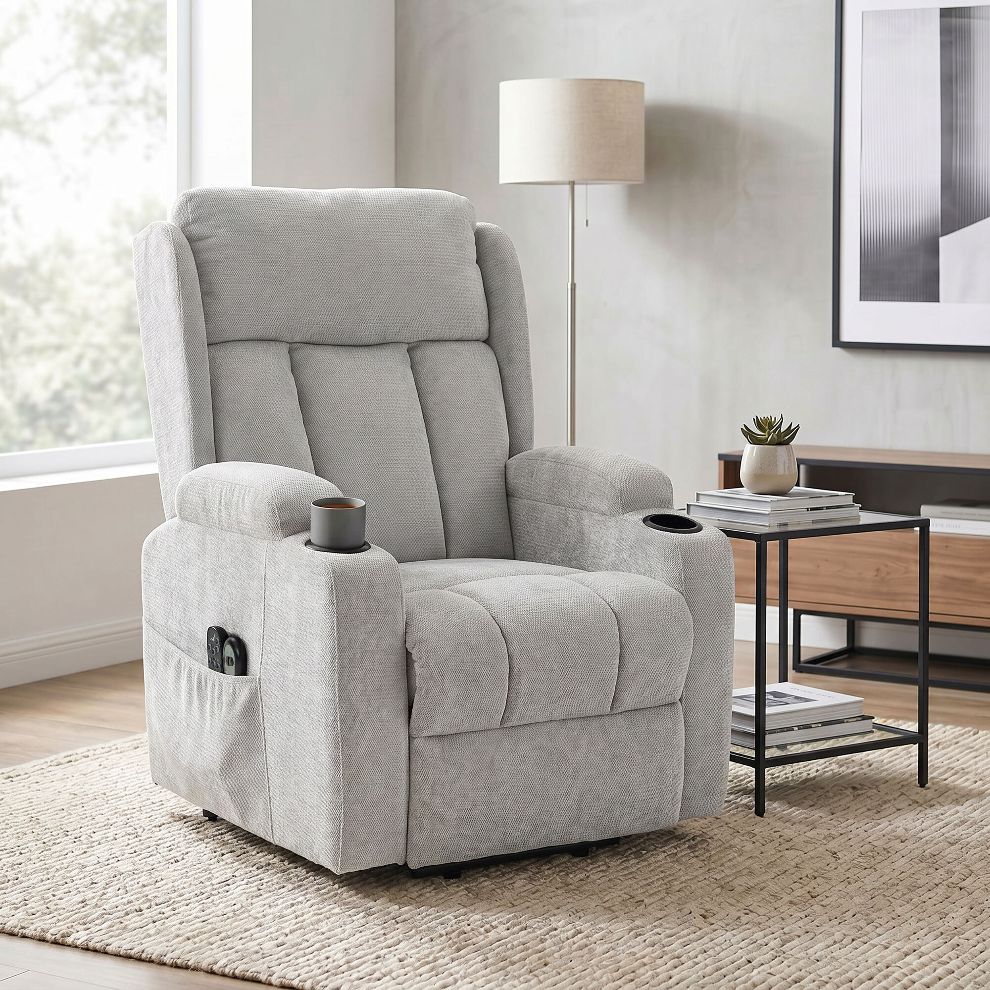Fauteuil releveur massant chauffant inclinable repose-pieds ajustable télécommande gris clair