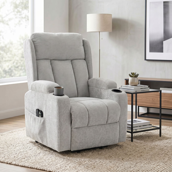 Fauteuil releveur massant chauffant inclinable repose-pieds ajustable télécommande gris clair