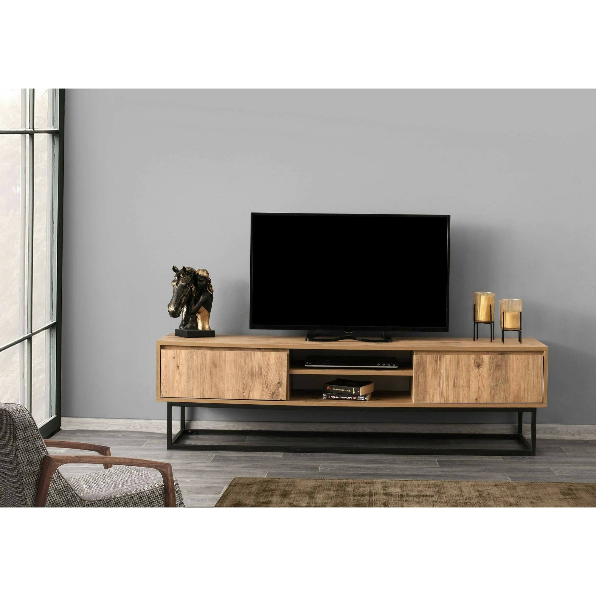 Mobile porta TV Dpirol, Credenza da soggiorno, Armadio basso per TV, Base parete attrezzata, 180x40h50 cm, Nero e Quercia