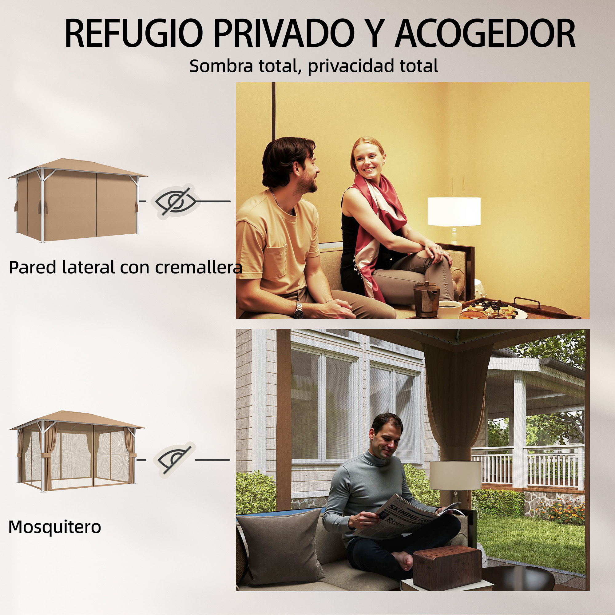 para Jardín 3x4 m, Pabellón de Jardín Gazebo con Techo Ventilado, 4 Paredes Laterales y 4 Mosquiteras, UPF50+, Estructura de Metal, Carpa para Exterior, Terraza, Patio, Caqui