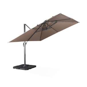 Parasol déporté carré taupe 3x3m structure grise + Lot de 4 dalles à lester 50x50cm