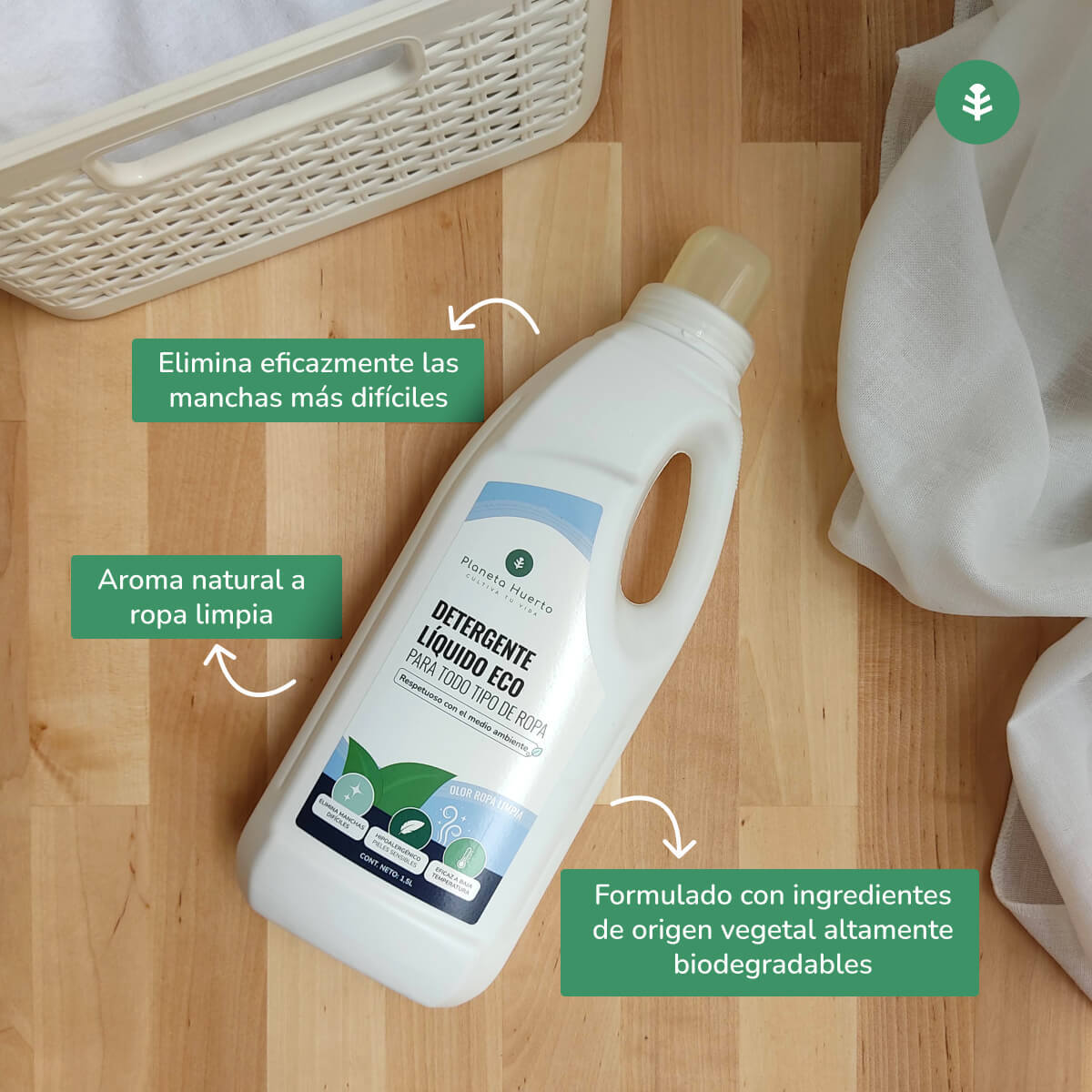 PLANETA HUERTO | Detergente Líquido Ecológico con Aroma Natural a Ropa Limpia - 1,5 Litros