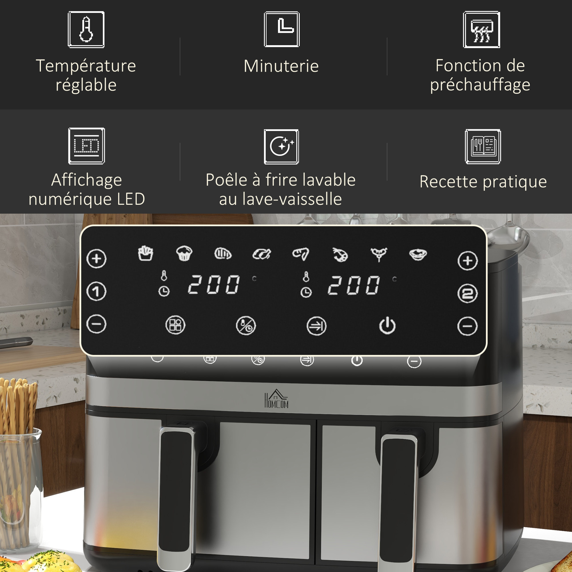 Friteuse à air 2700W - air fryer - double compartiment 8,5L - 8 programmes, température réglable, timer, 2 paniers - noir