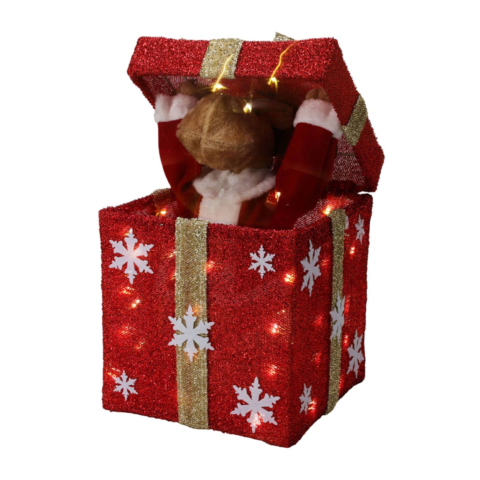 Caja de regalo roja decorativa navideña con música y 50 leds cálidas 25x25x50cm