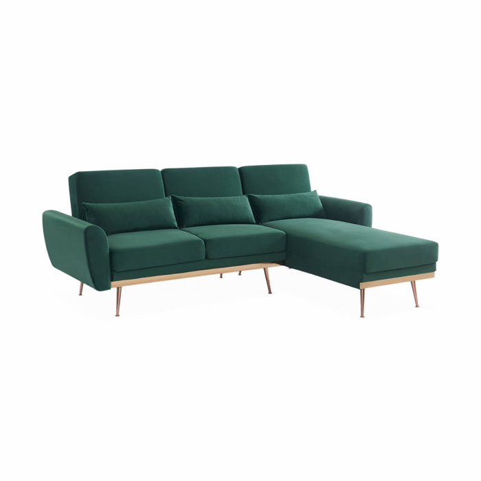 Canapé d'angle convertible. réversible 3 places. velours vert anglais. pieds fins or rose