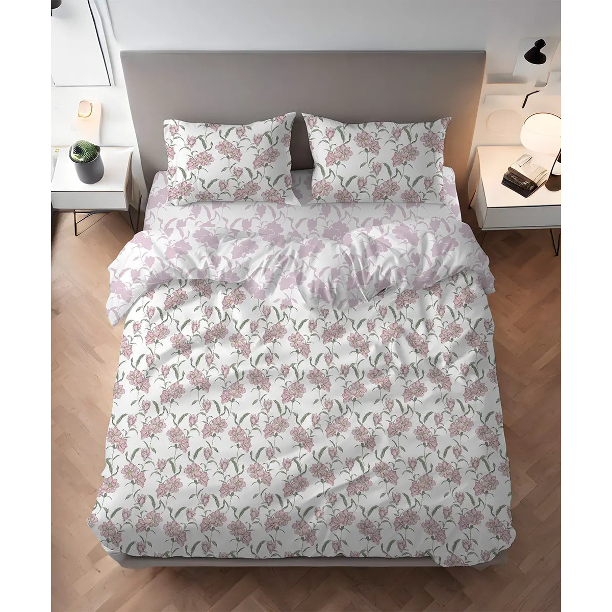 Parure Copripiumino Magnolia Rosa per letto singolo in 100% Cotone e Made in Italy, moderno floreale