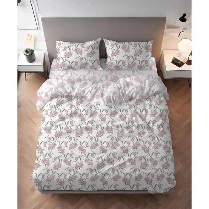 Parure Copripiumino Magnolia Rosa per letto singolo in 100% Cotone e Made in Italy, moderno floreale