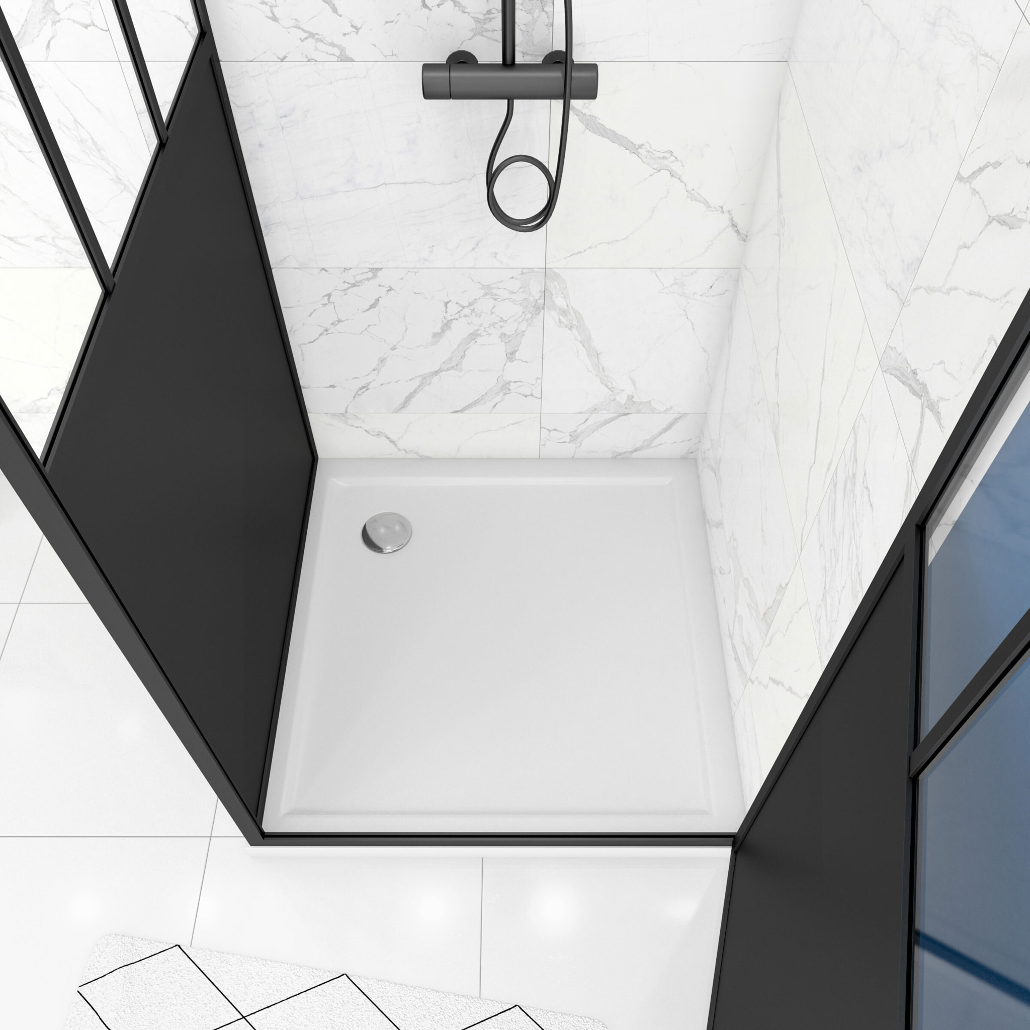 Pack Porte pivotante verre trempé 5mm + panneau aluminium composite + receveur blanc 90x90