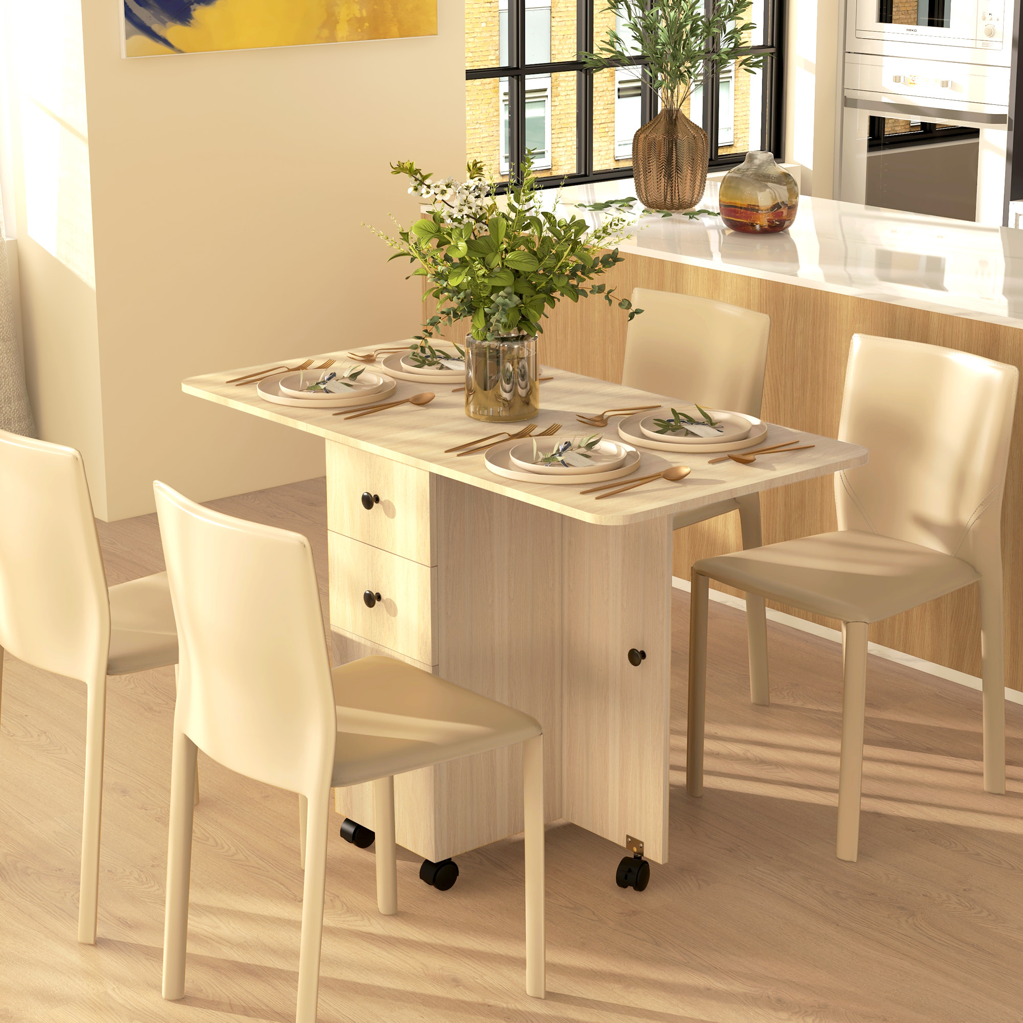 Mesa Plegable de Comedor Mesa de Cocina Plegable con Ruedas Alas Abatibles Cajones y Armario Mesa Plegable para 4-6 Personas 120x60x76,5 cm Natural