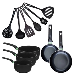 Set de 2 poêles, 3 casseroles antiadhésives céramique et 6 ustensiles RPET Fackelmann Brandao