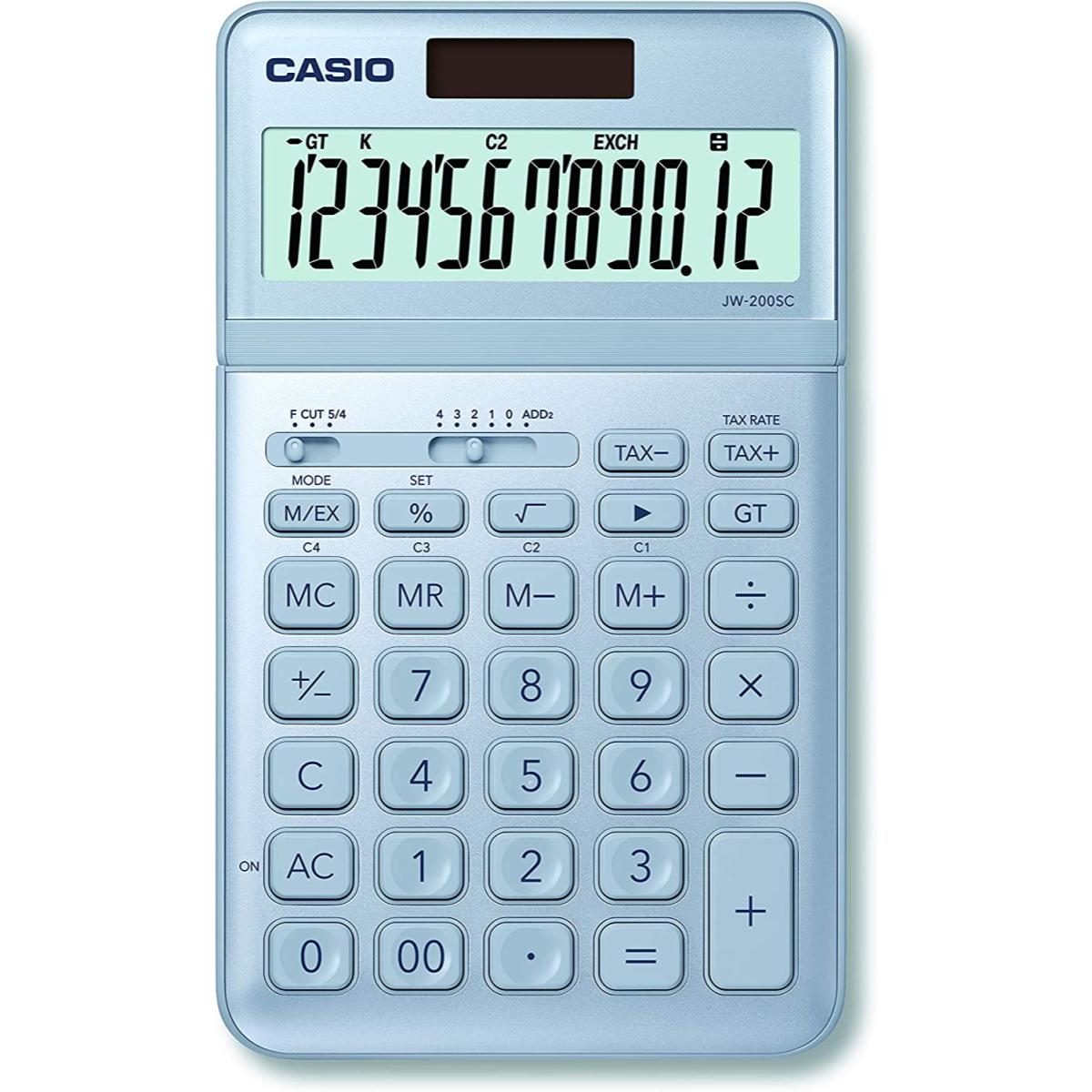 Casio Calculadora modelo JW-200SC-BUFuncion de cambio de divisa calculo de impuestos placa frontal metalica pantalla de inclinacion ajustable solar y a pilas