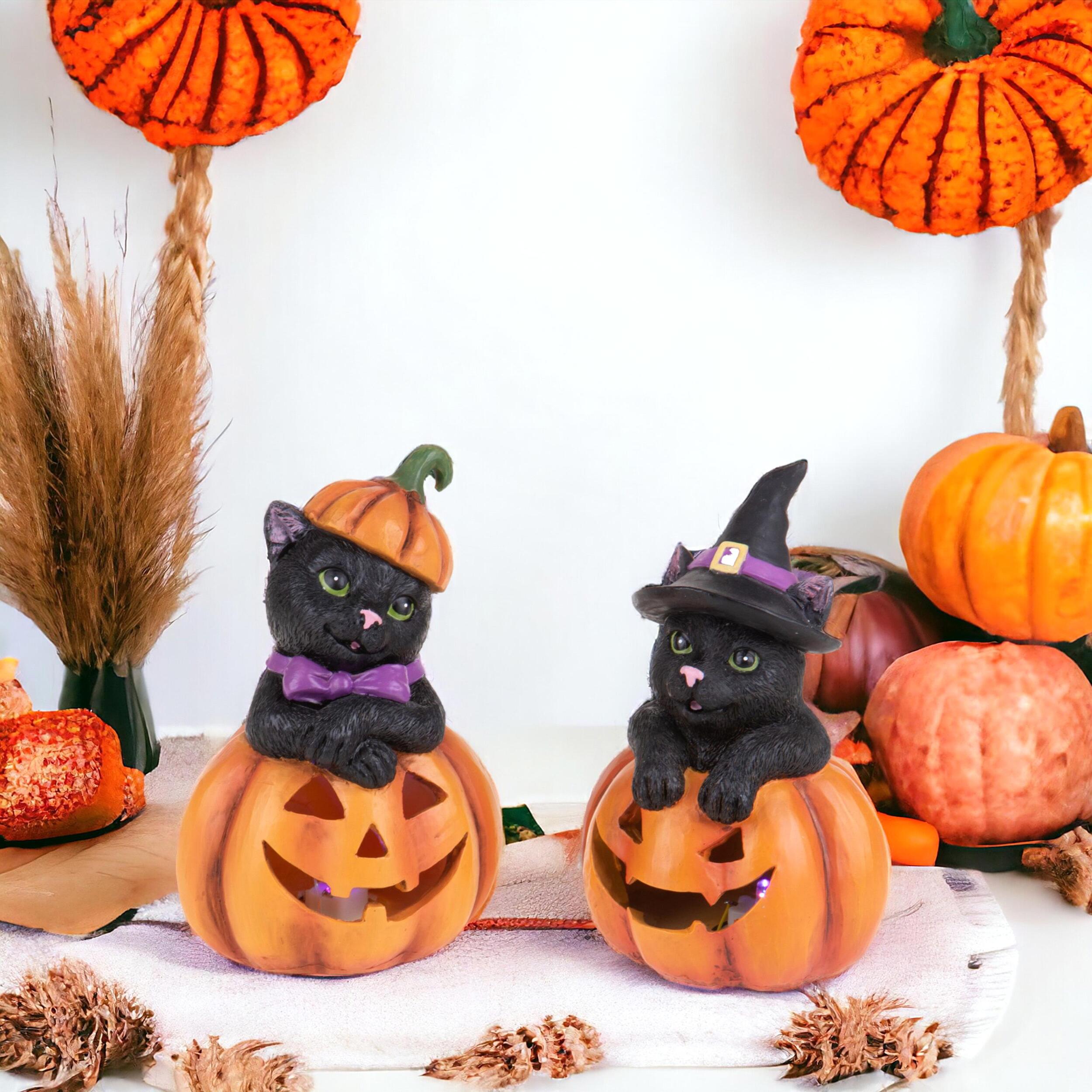 Zucche Gatto con Led - Pezzi 2 - 11xH16,5x9,6cm - Bianchi Dino SpA