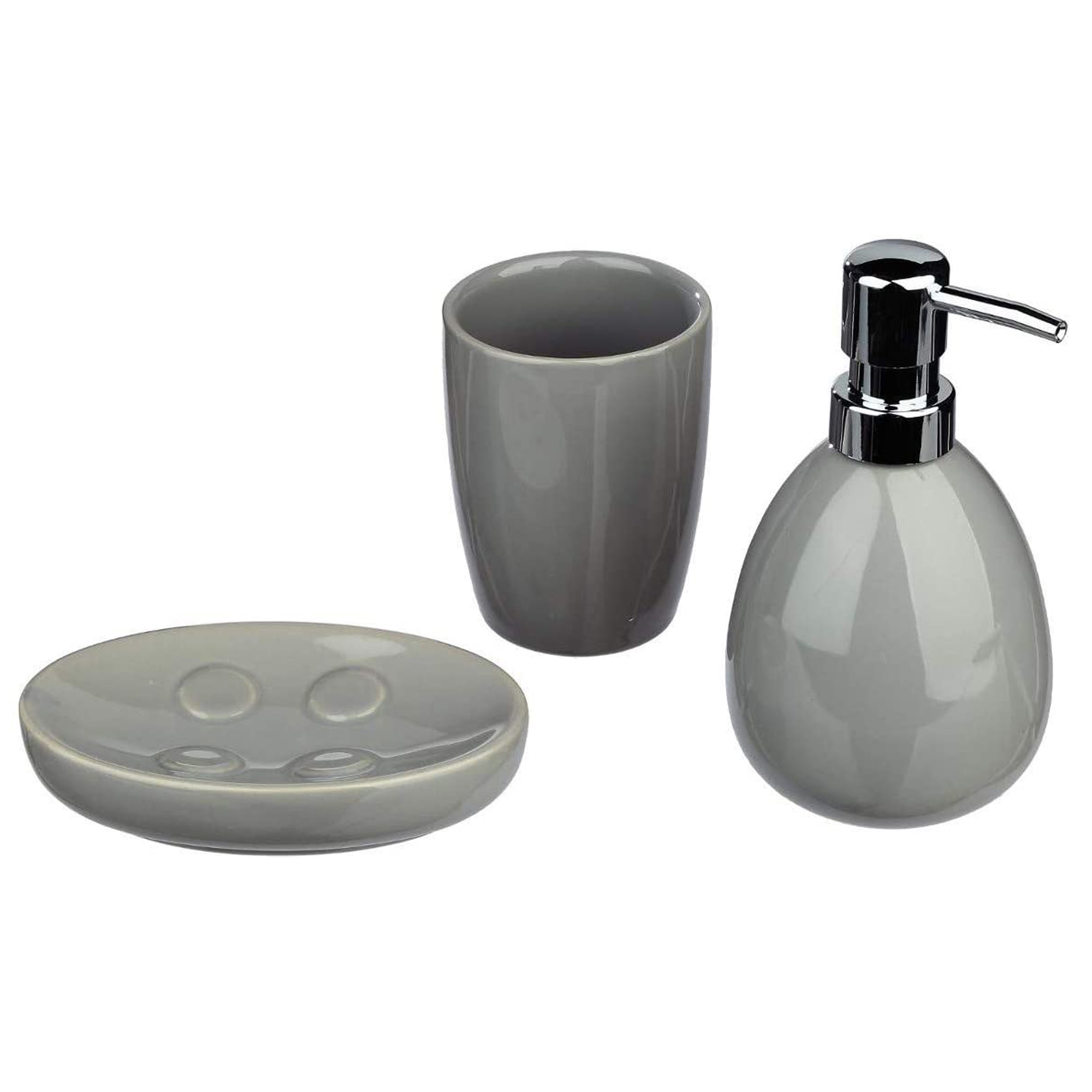 Juego de baño 3 piezas sbd sol, gris: dispensador jabon, vaso y jabonera