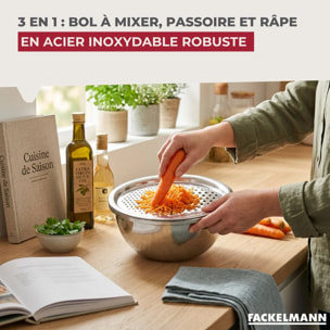Set 3 en 1 Bol à Mixer, Râpe et Passoire 26 cm Fackelmann