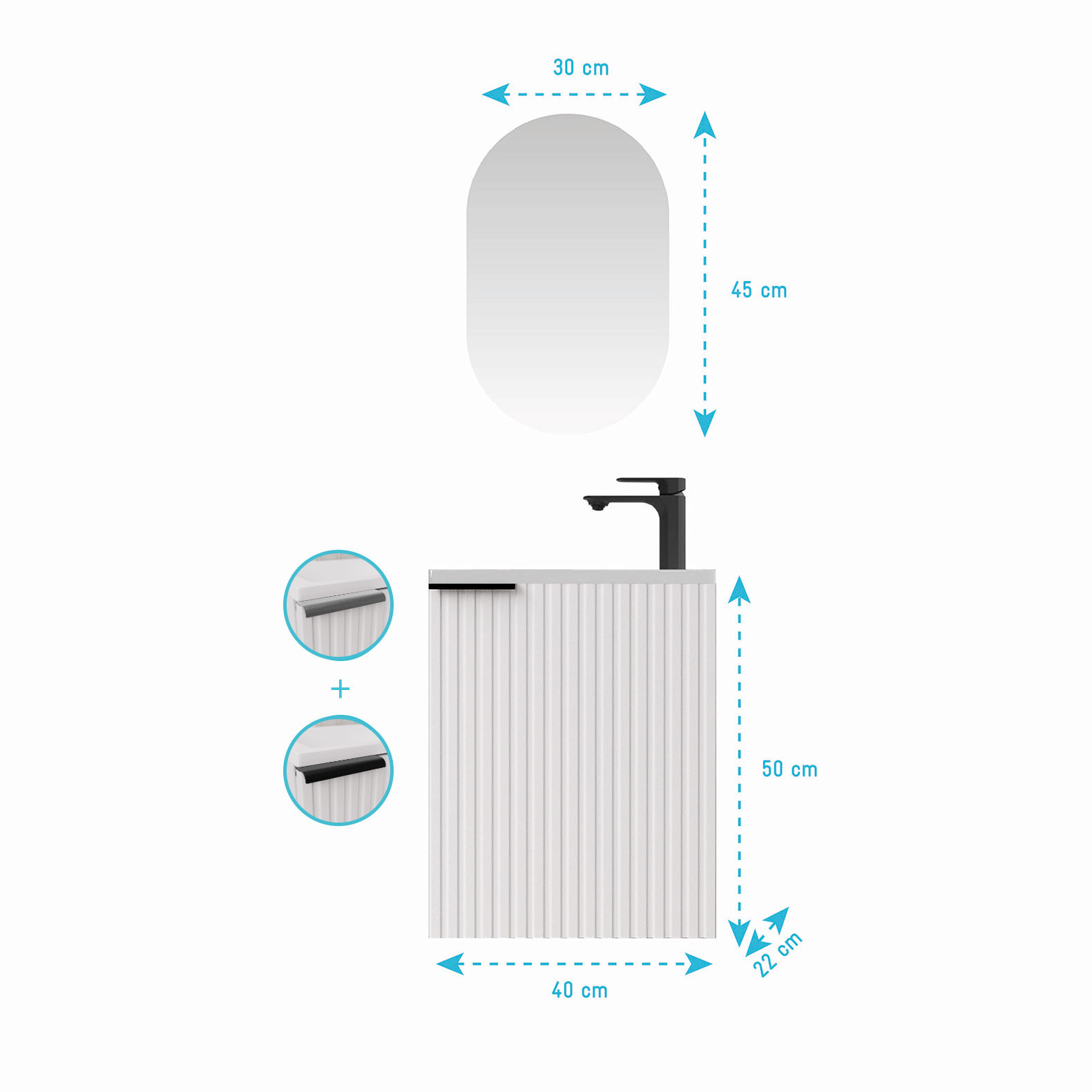 Ensemble meuble lave mains MDF ondulé blanc 40x50x22cm et miroir ovale - MILO