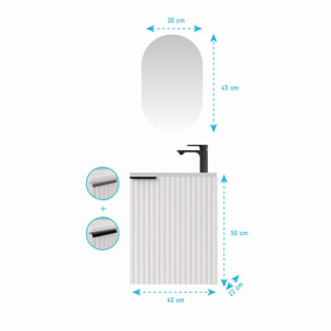 Ensemble meuble lave mains MDF ondulé blanc 40x50x22cm et miroir ovale - MILO