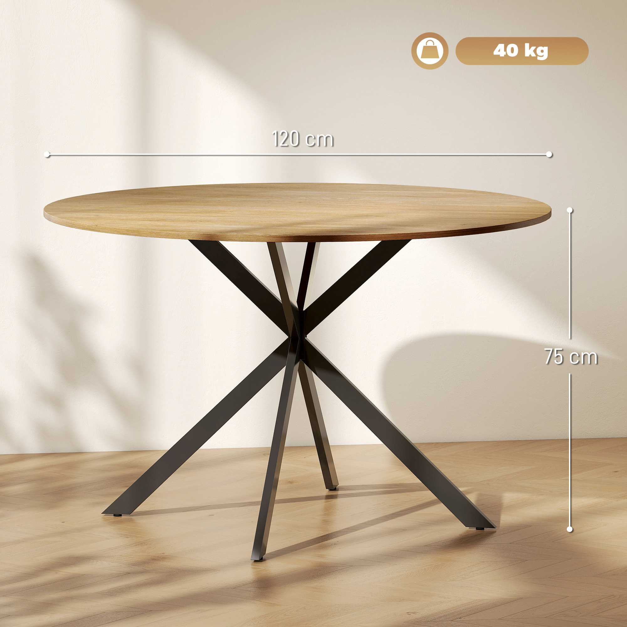 Table ronde bois 4 personnes dia. 120 cm style industriel piètement croisé acier noir