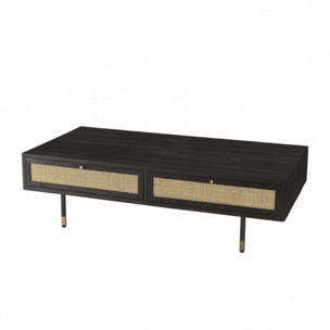 YANIS - Table basse noire bois Pin 4 tiroirs cannage