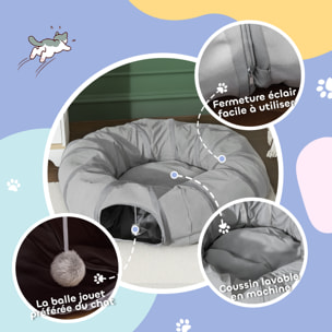 Tunnel pour chat intérieur - fonction lit pliable avec coussin et jeu balle suspendue - gris