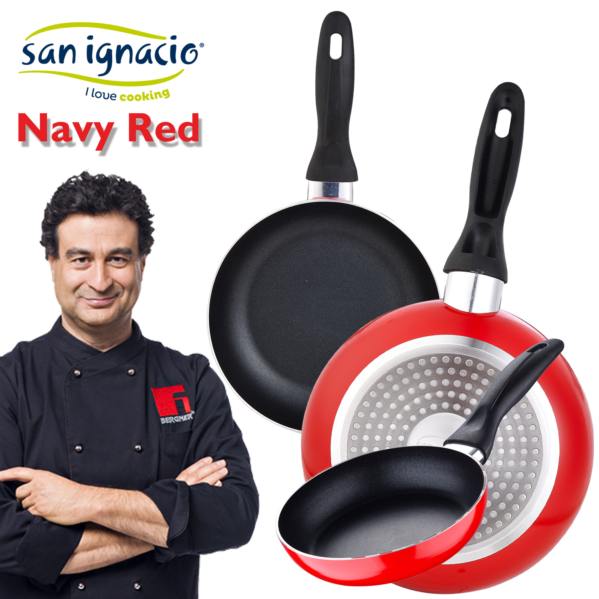 Batería de cocina 5 piezas acero inoxidable y set 3pcs sartenes 16/20/24 rojo