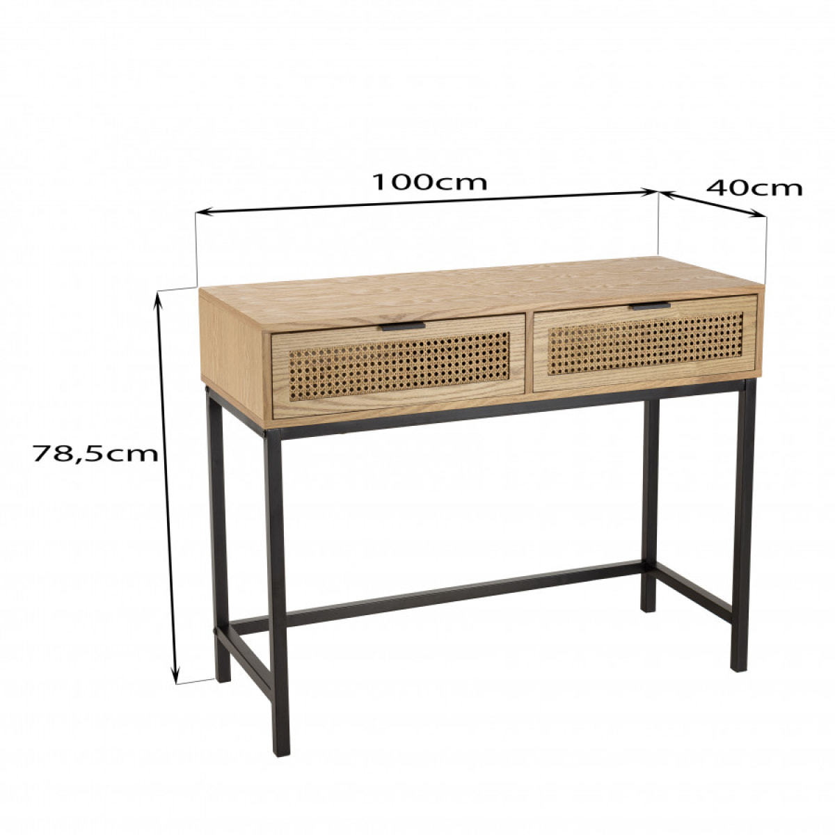 MARCEAU - Console 2 tiroirs cannage naturel pieds métal noir