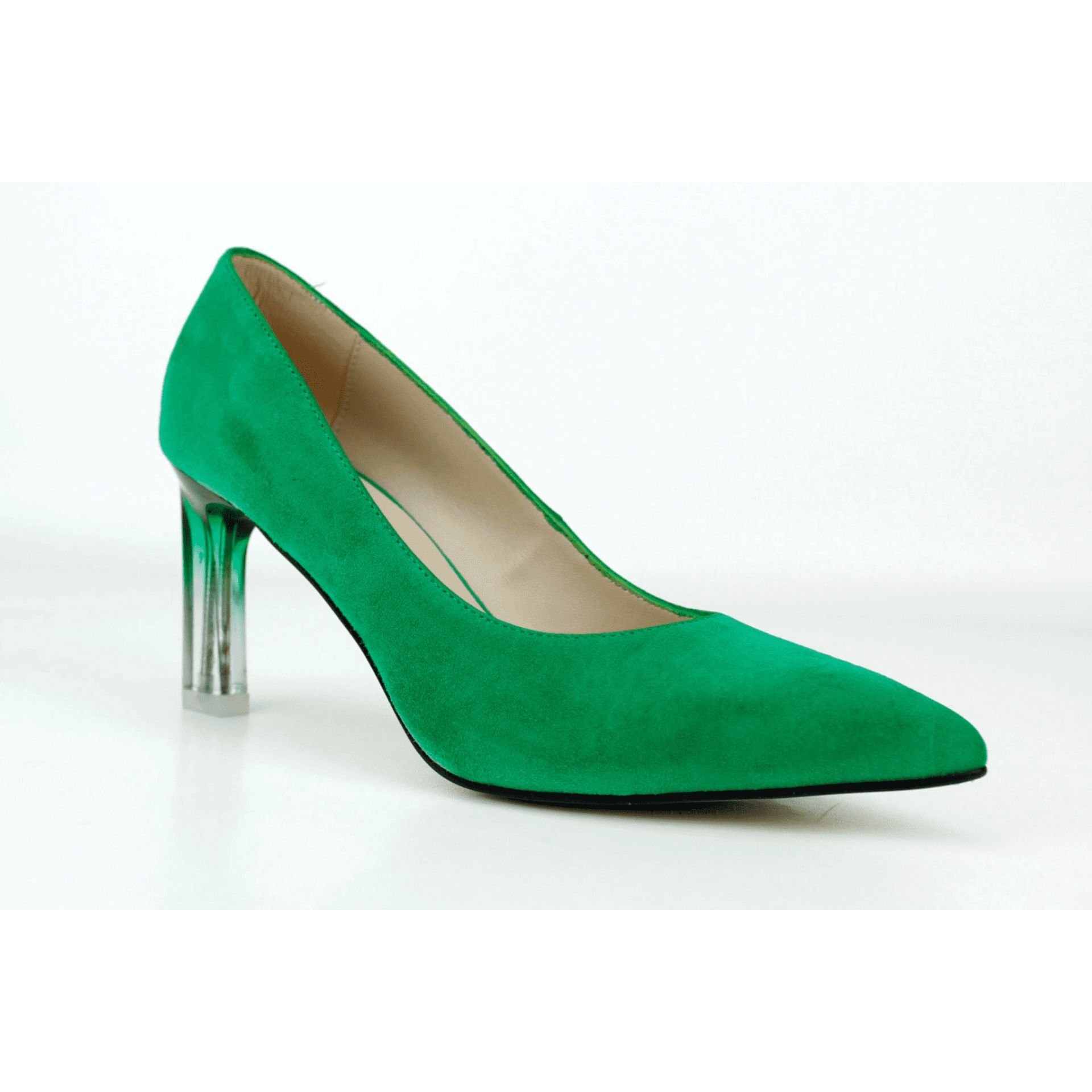Salón en color verde con tacón en metacrilato combi. Tacón 7 cm