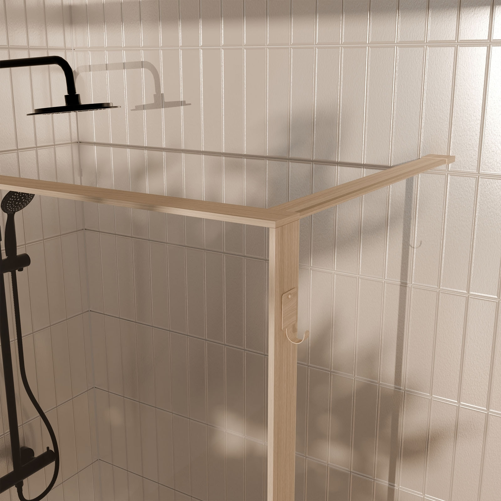 Paroi de douche 90x200cm - Cadre et étagère finition chêne clair - Verre 8mm anticalcaire - ETHAN