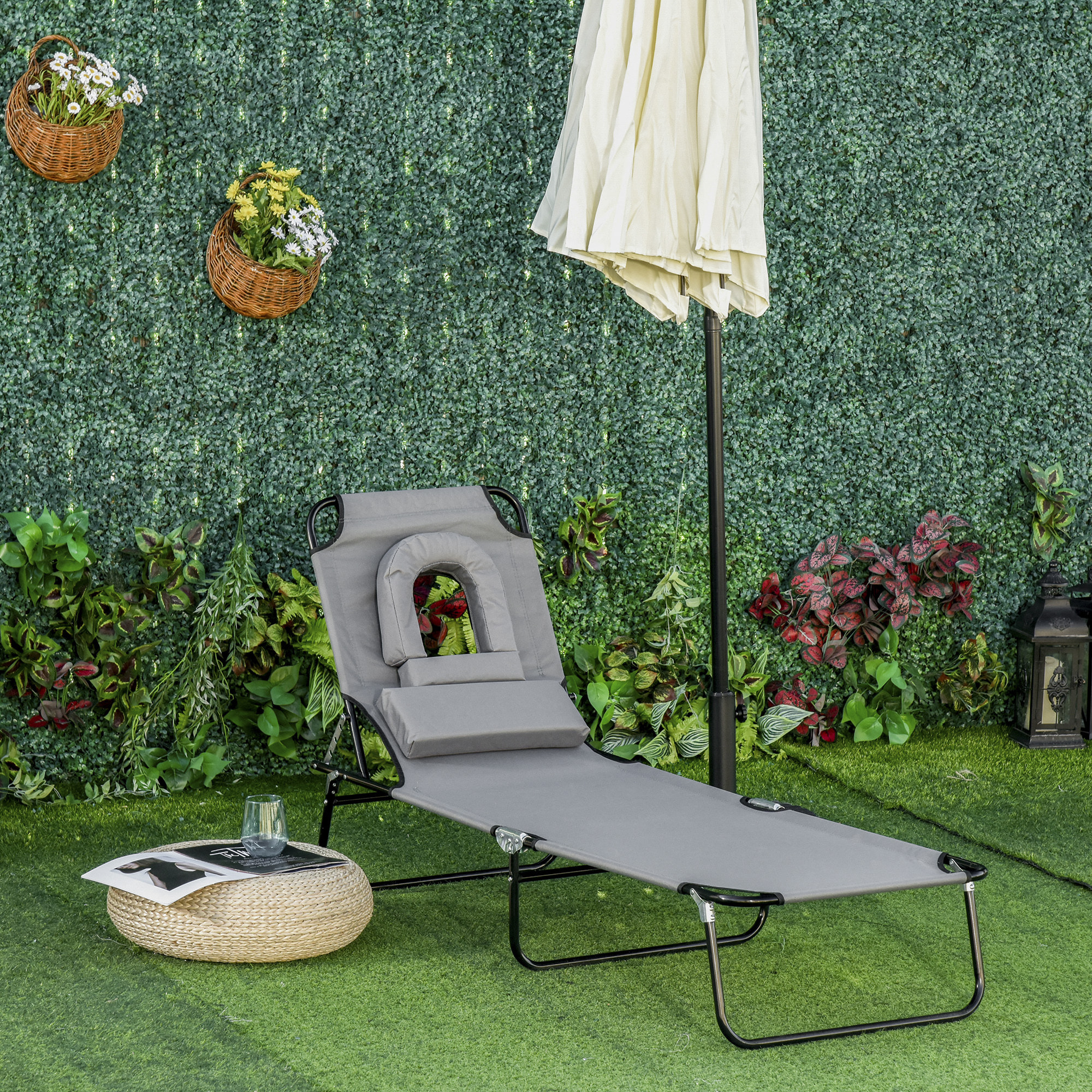 Bain de soleil pliable transat inclinable 4 positions chaise longue de lecture 3 coussins fournis gris