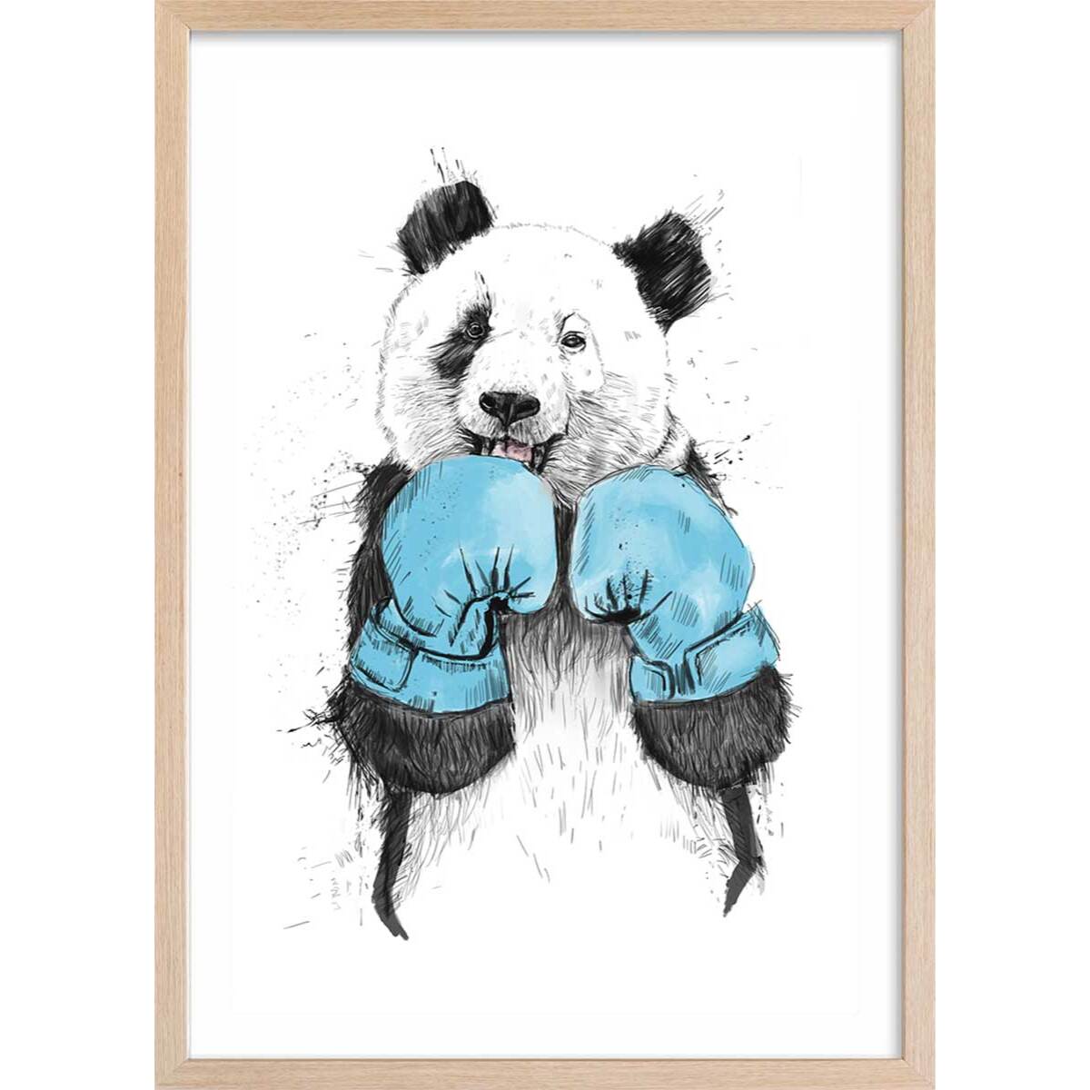 Affiche enfant boxe panda  Affiche + cadre en bois - Chêne