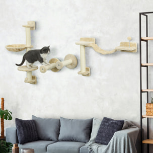 Juego de Estanterías para Gatos de 4 Piezas Rascador de Pared para Gatos con Hamaca Postes Rascadores Escalera Blanda Bola Plataformas para Saltar Beige