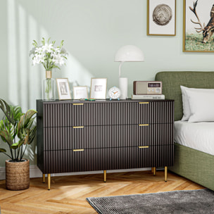 Commode 6 tiroirs design effet cannelé piètement poignées métal doré noir