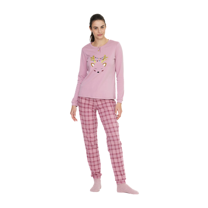 Pigiama donna reindeer in caldo cotone con collo due bottoni Noidinotte