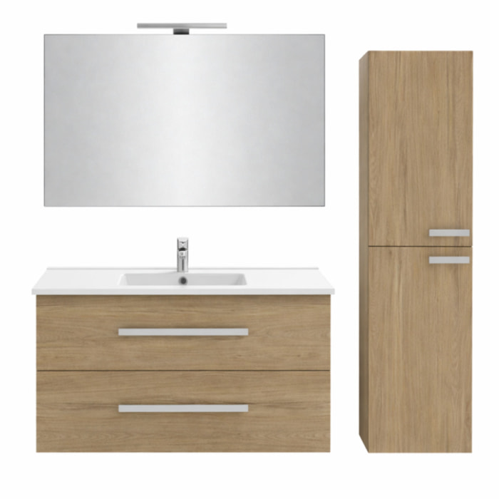 Meuble vasque Ola Up chêne + colonne + miroir et spots